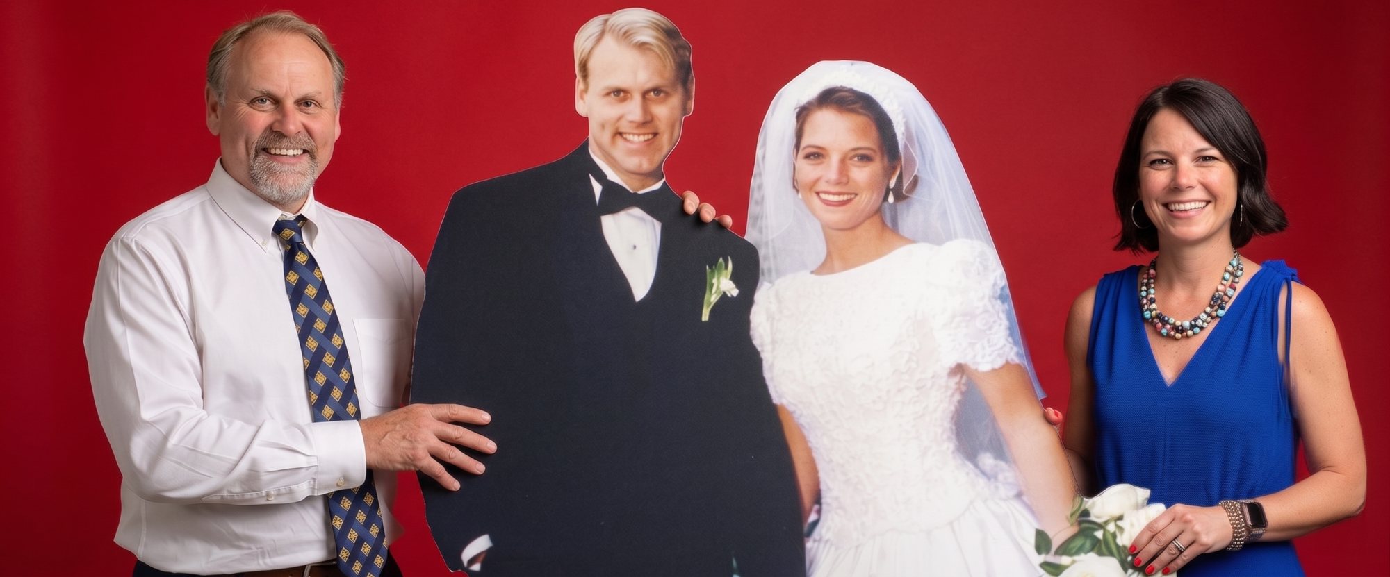 Family holding a life-size wedding cutout of loved ones