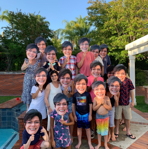 Big heads at a pool party